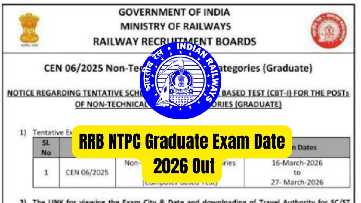 RRB NTPC Graduate Level Exam Date 2026 Out, CBT 1 Starts From 16 March