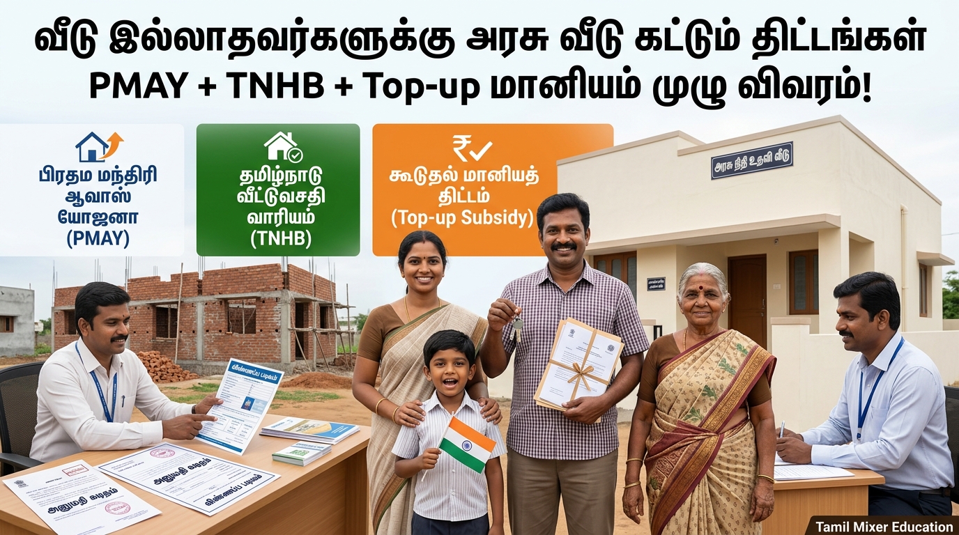 🏠 வீடு இல்லாதவர்களுக்கு அரசு வீடு கட்டும் திட்டங்கள்: PMAY + TNHB + Top-up மானியம் முழு விவரம்!